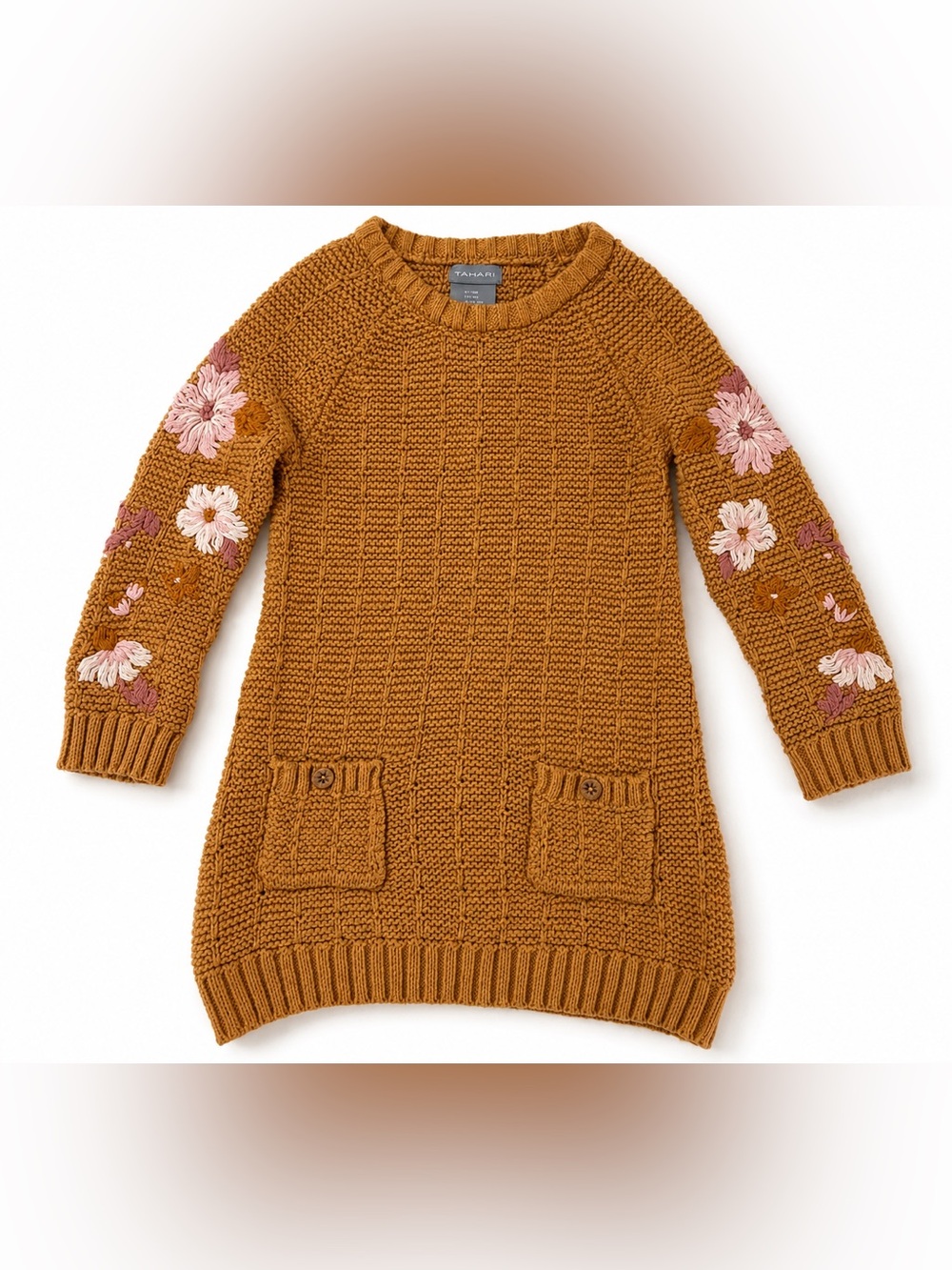 Tahari 18M Mustard Floral Embroidered Sweater Dress Cotton Blend Toddler